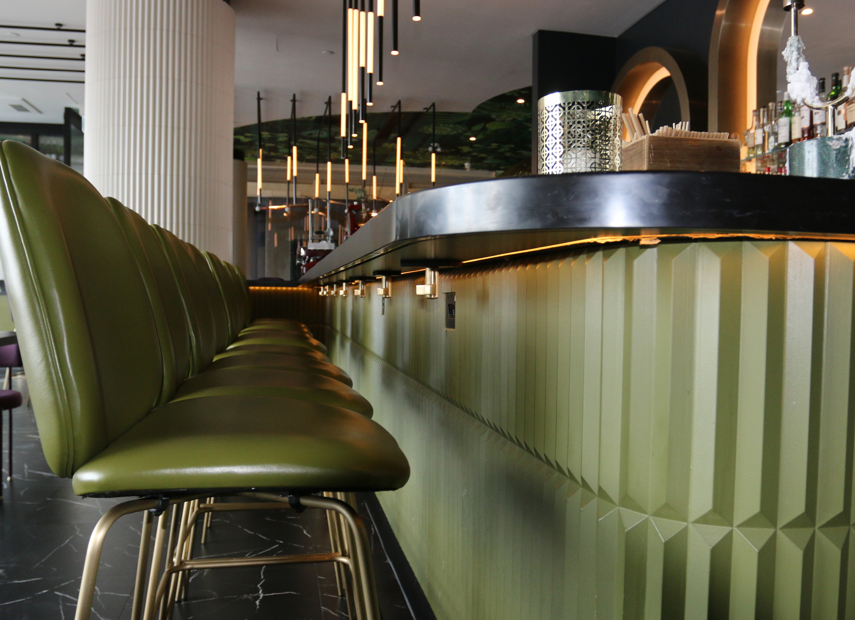 Peacock Wine Bar Columns, Bar Banquettes, Wine Glass Racks, Mirrored